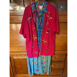 Graver Studio Y2K 3 Piece Set Butterfly Cardigan Shirt Skirt Pink Teal Fairy XL